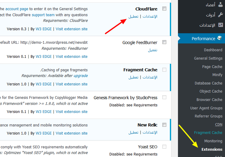 W3 Total Cache Extensions cloudflare - مجلة ووردبريس