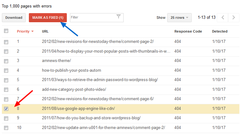 Search Console Crawl Errors mark link as fixed - مجلة ووردبريس