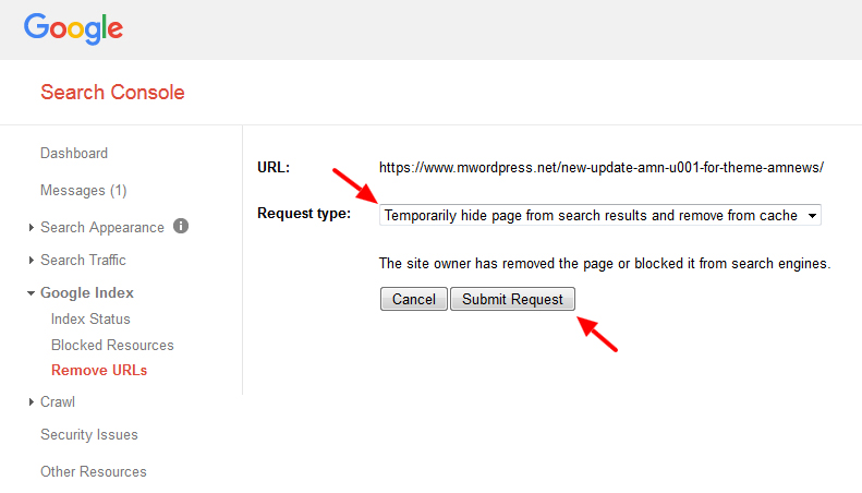 Search Console Remove URLs Submit request - مجلة ووردبريس