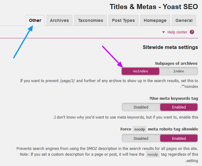 Titles Metas Yoast SEO noindex subpage - مجلة ووردبريس