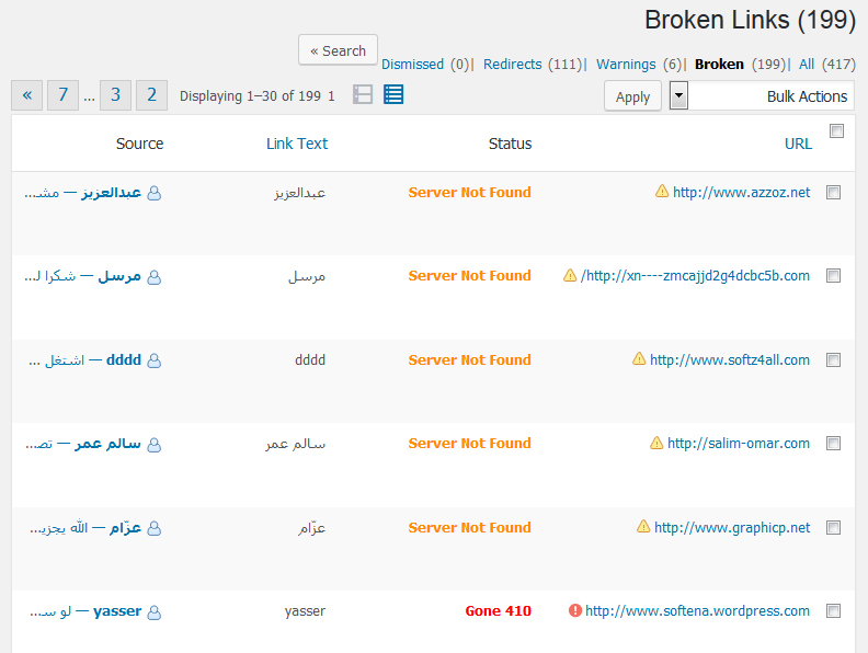 View Broken Links list - مجلة ووردبريس